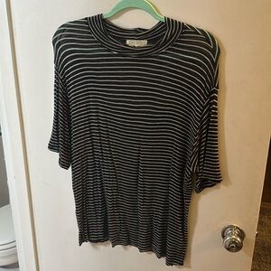 Well-loved Joah Brown soft short sleeved striped mock neck.